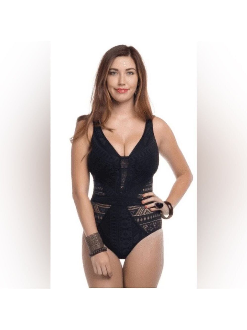 Becca Women's black lace La Boheme Extensions V-Neck One Piece Swimsuit F(DDD)